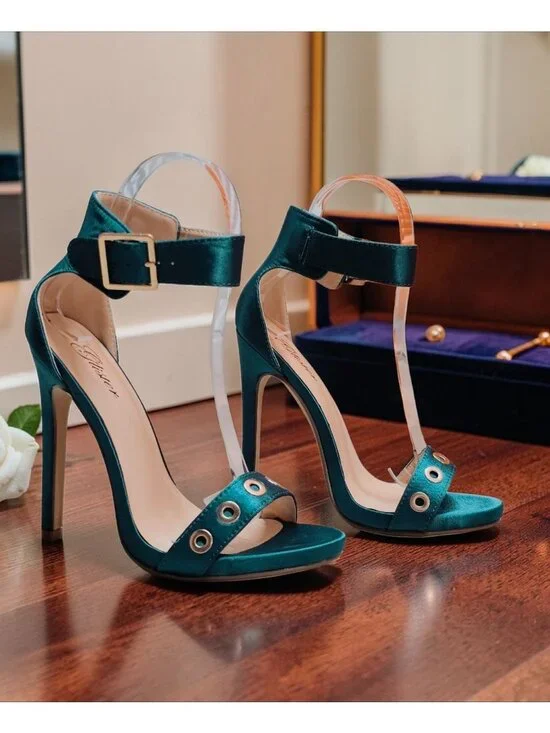 Teal Satin High Heel Sandals With Ankle Strap & Grommet Detail Womens - Picture 7 of 13